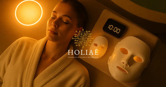 Femme en peignoir écru allongée près d'un masque LED Holiaē et d'un chronomètre affichant 10 minutes, symbolisant l'efficacité rapide des soins courts par luminothérapie.