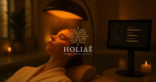 Femme en peignoir clair exposée à une lumière LED infrarouge dans un spa premium, illustrant la stimulation du collagène et la réparation cellulaire profonde validées par les dermatologues.