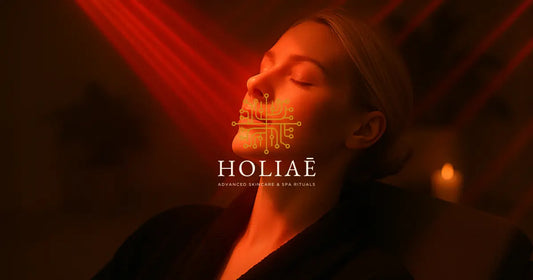 Femme blonde en peignoir noir recevant une luminothérapie rouge douce dans un spa de luxe, illustrant la photobiomodulation et la régénération cellulaire naturelle de la peau.