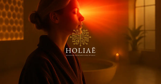 Femme assise dans un spa, éclairée par une lumière dorée, symbolisant l'activation des mitochondries par la lumière LED.