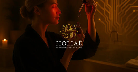 Femme appliquant un sérum à l’acide hyaluronique dans un spa, ambiance chaude et sensorielle