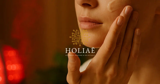 Femme en peignoir appliquant un soin visage après une séance LED, avec crème visible sur la joue, vapeur en fond et lumière rouge en ambiance spa Holiaē.