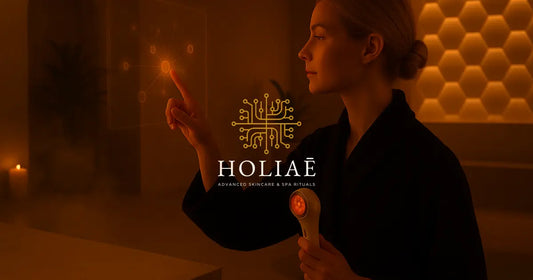 Femme debout dans un spa moderne Holiaē, éclairée par une lumière chaude avec des éléments tech discrets, incarnant une routine soin beauté-tech.