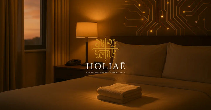 Chambre d’hôtel de standing éclairée par une lumière du soir, avec serviette pliée fumante sur le lit et circuits lumineux intégrés au mur.
