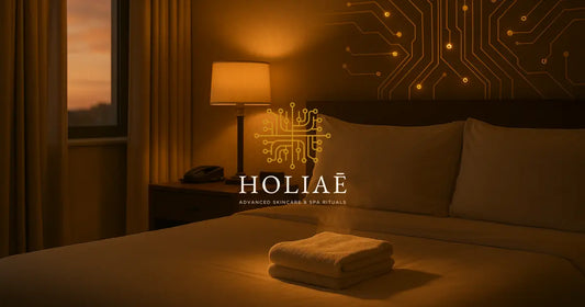 Chambre d’hôtel de standing éclairée par une lumière du soir, avec serviette pliée fumante sur le lit et circuits lumineux intégrés au mur.