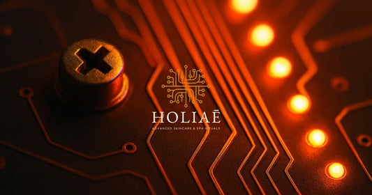 Gros plan artistique d’un circuit imprimé lumineux rouge, illustrant la précision technologique et la qualité premium du masque LED RE:GEN I.