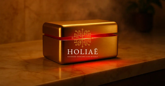 Coffret skincare doré diffusant une lueur rouge dans un spa premium