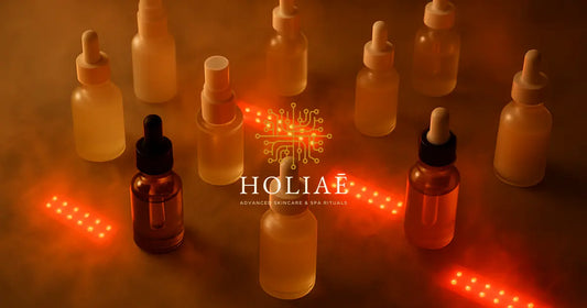 Bouteilles de sérums variées éclairées par des LED rouges dans une ambiance spa Holiaē avec vapeur chaude.