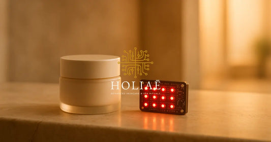 Crème anti-âge élégante et circuit LED rouge posés sur une surface en pierre claire, dans une lumière douce de spa premium.