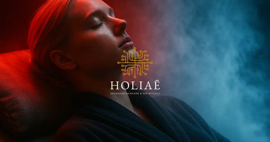 Jeune femme au teint clair dans un spa futuriste, peignoir blanc, lumière bleue glacée évoquant la cryothérapie, ambiance froide et apaisante avec vapeur.