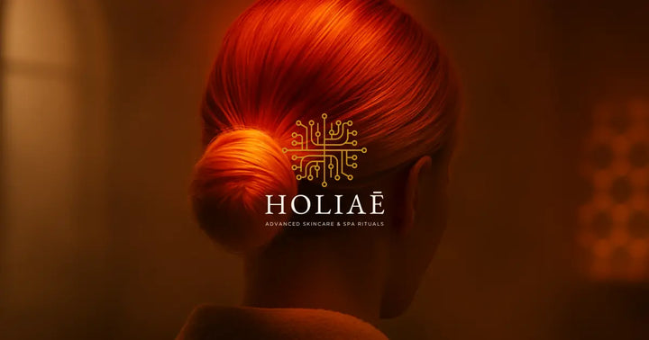 Vue de dos d’une femme blonde dans un spa, sa chevelure attachée baignée de lumière rouge, évoquant une séance LED ciblée sur le cuir chevelu.