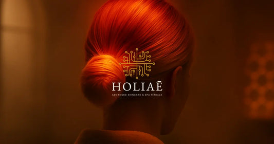 Vue de dos d’une femme blonde dans un spa, sa chevelure attachée baignée de lumière rouge, évoquant une séance LED ciblée sur le cuir chevelu.