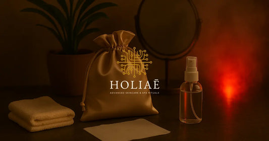 Trousse en soie contenant un masque LED, posée sur une surface en pierre avec chiffon doux, spray nettoyant, plante, miroir et lumière rouge dans une ambiance spa Holiaē.