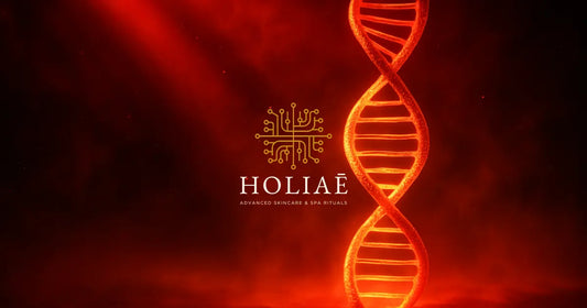 Représentation réaliste d’un brin d’ADN rougeoyant, baigné de lumière rouge et dorée, illustrant les effets épigénétiques de la LED sur la peau.