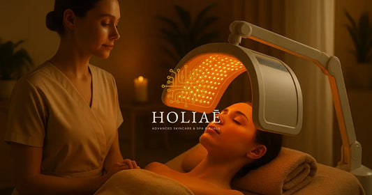 Soin du visage par lumière LED orange dans un spa haut de gamme, praticienne professionnelle accompagnant une cliente détendue.