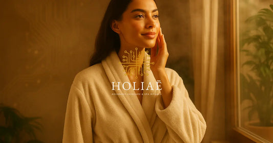 Femme en peignoir Holiaē, debout près d’une fenêtre, baignée dans une lumière golden avec vapeur et plante, mur texturé façon circuit imprimé en fond, ambiance spa régénérante.