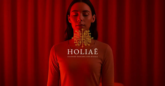 Jeune femme debout en ambiance spa chic, baignée dans une lumière rouge douce évoquant les longueurs d’onde 660 nm et 850 nm pour la régénération cellulaire