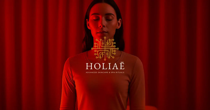 Jeune femme debout en ambiance spa chic, baignée dans une lumière rouge douce évoquant les longueurs d’onde 660 nm et 850 nm pour la régénération cellulaire