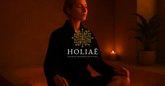 Femme en peignoir noir méditant dans un spa, éclairée par une lumière rouge douce dans une ambiance minimaliste et sensorielle Holiaē.