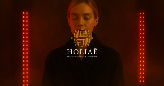 Jeune femme blonde en peignoir noir, bien couverte jusqu’au cou, entre deux faisceaux de lumière rouge foncé, dans une ambiance spa Holiaē avec vapeur.