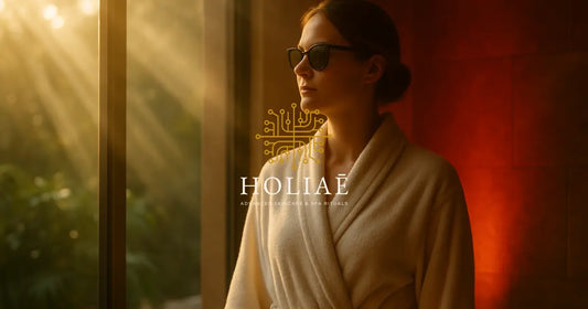 Femme en peignoir spa regardant par une baie vitrée au soleil couchant, lunettes de soleil sur le nez, lumière naturelle dorée sur le visage et lumière LED rouge en arrière-plan.