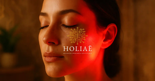 Portrait en gros plan d’une femme aux yeux fermés, éclairée par une lumière LED rouge sur le visage, révélant des taches pigmentaires naturelles dans une ambiance spa Holiaē chaleureuse.