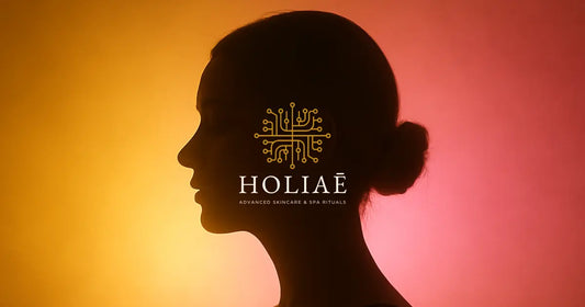Silhouette féminine dans un halo lumineux rose et jaune évoquant la douceur d’un soin LED pour peaux sensibles.