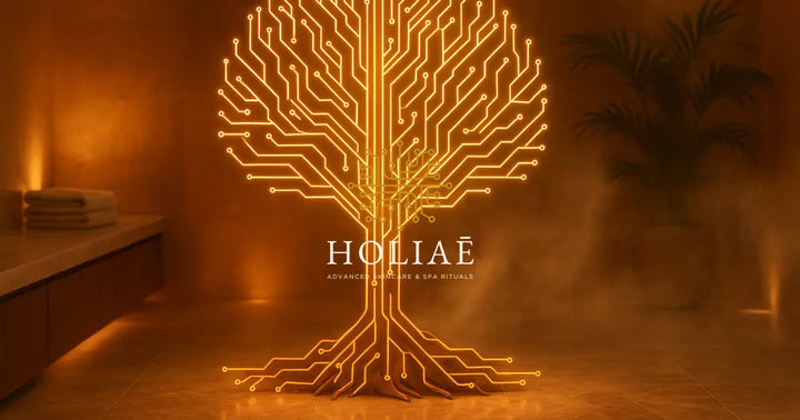 Arbre stylisé aux branches en circuits imprimés, dans une ambiance spa futuriste et luxueuse, symbolisant la fusion entre technologie et nature dans l’univers Holiaē.