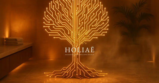 Arbre stylisé aux branches en circuits imprimés, dans une ambiance spa futuriste et luxueuse, symbolisant la fusion entre technologie et nature dans l’univers Holiaē.