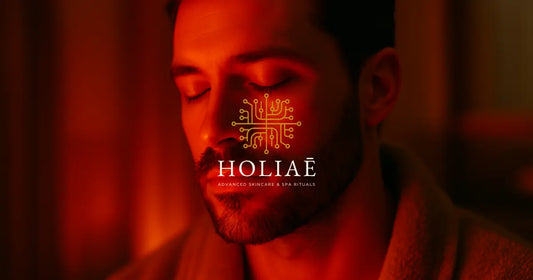 Portrait d’un homme aux yeux fermés, éclairé par une lumière LED rouge tamisée dans une ambiance spa rétroéclairée style Holiaē.