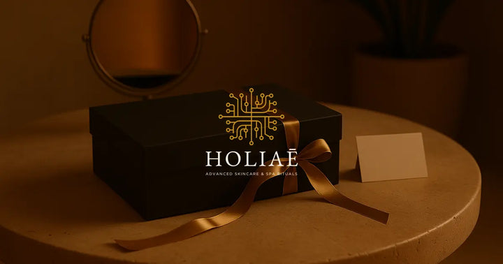 Boîte cadeau minimaliste posée sur une table en pierre, ambiance spa premium avec lumière chaude dorée, ruban élégant à côté