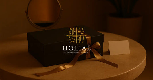 Boîte cadeau minimaliste posée sur une table en pierre, ambiance spa premium avec lumière chaude dorée, ruban élégant à côté