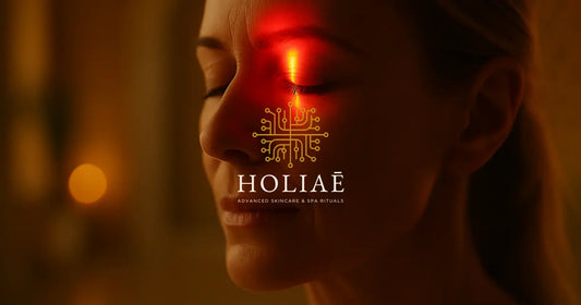 Gros plan d’une femme mature dans un spa, baignée de lumière dorée, illustrant les effets apaisants et régénérants de la lumière LED sur les rides profondes.