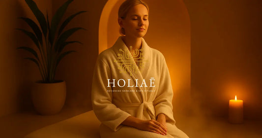 Espace spa aux tons chauds, éclairé par une lumière rouge douce et diffuse, vapeur en suspension et ambiance relaxante pour illustrer les bienfaits LED sur le moral
