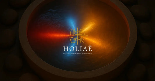 Vue zénithale d’un bassin circulaire éclairé par quatre faisceaux lumineux rouge, bleu, jaune et orange, symbolisant les phases du cycle hormonal