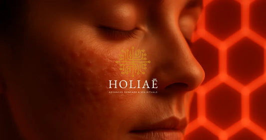 Gros plan artistique sur la joue d’une femme à peau sensible, éclairée par une lumière LED rouge tamisée dans une ambiance spa apaisante.