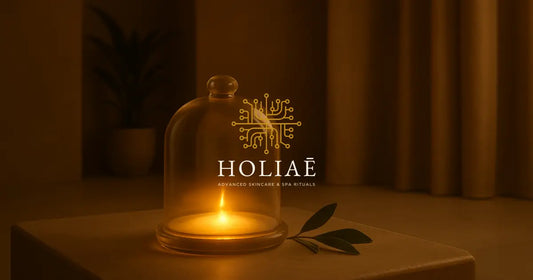 Cloche en verre posée sur une table en pierre, contenant une lumière dorée douce, dans un spa minimaliste aux teintes chaudes et végétation discrète