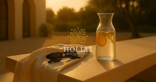 Scène extérieure d’un spa, avec rayon de soleil en haut à gauche, serviette en lin, carafe d’eau infusée et lunettes de soleil sur un banc en pierre claire