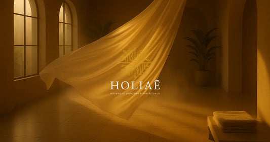 Draps fluides suspendus dans un spa lumineux et calme, éclairé par une lumière dorée douce, évoquant la sensibilité et la légèreté des soins LED