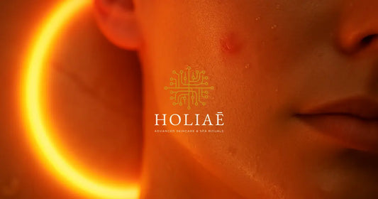 Gros plan sur une joue féminine éclairée par une lumière LED douce dans une ambiance spa apaisante, évoquant la régénération cutanée naturelle.