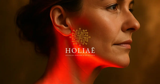 Portrait d’une femme d’environ 50 ans en profil ¾, éclairée par une lumière LED rouge sur l’ovale du visage et le cou, dans une ambiance dorée chaleureuse et minimaliste.