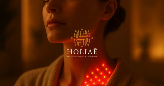 Gros plan sur la nuque d’une femme éclairée par une lumière LED rouge douce, dans une ambiance spa chaude et sensorielle.