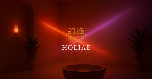 Deux faisceaux lumineux rouge et infrarouge se croisent dans une salle spa minimaliste, illustrant la synergie LED du masque RE:GEN I