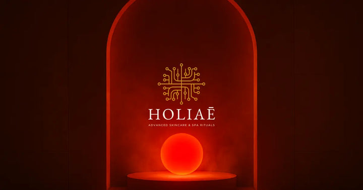 Alcôve rétroéclairée rouge avec sphère lumineuse sur socle circulaire, ambiance spa-tech régénérative