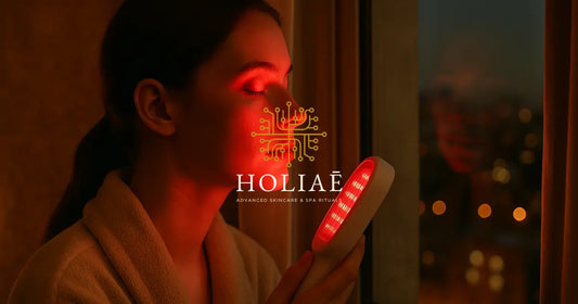 Jeune femme de 20 ans en lumière LED rouge, regardant par la fenêtre, ambiance spa Holiaē, contraste entre ville et rituel bien-être.