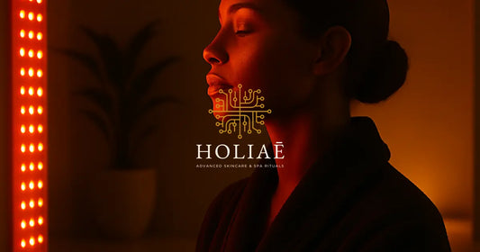 Femme à la peau foncée assise dans un spa, éclairée par une lumière LED rouge diffuse, ambiance minimaliste et apaisante.