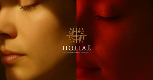 Peau féminine en gros plan sous lumière naturelle douce et lumière LED rouge ciblée, illustrant la différence de texture et d’effet.