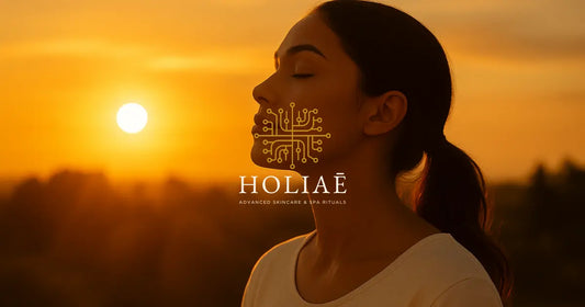 Femme exposée à une lumière douce au coucher du soleil, ambiance spa Holiaē