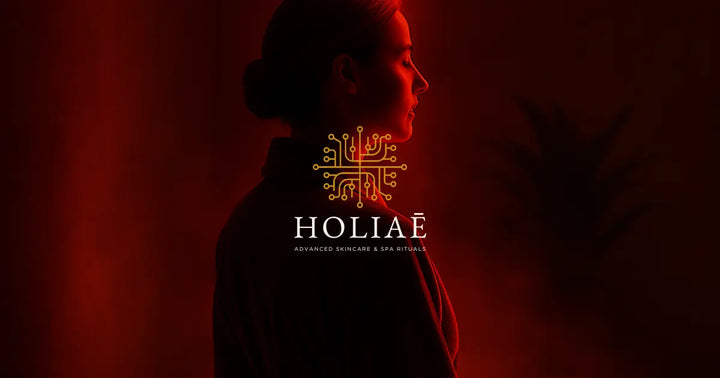 Femme en peignoir vue de dos dans un spa Holiaē, baignée dans une lumière infrarouge rouge profonde, avec vapeur douce et mur texturé en fond.
