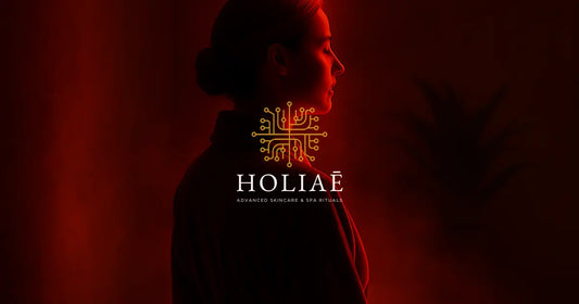 Femme en peignoir vue de dos dans un spa Holiaē, baignée dans une lumière infrarouge rouge profonde, avec vapeur douce et mur texturé en fond.